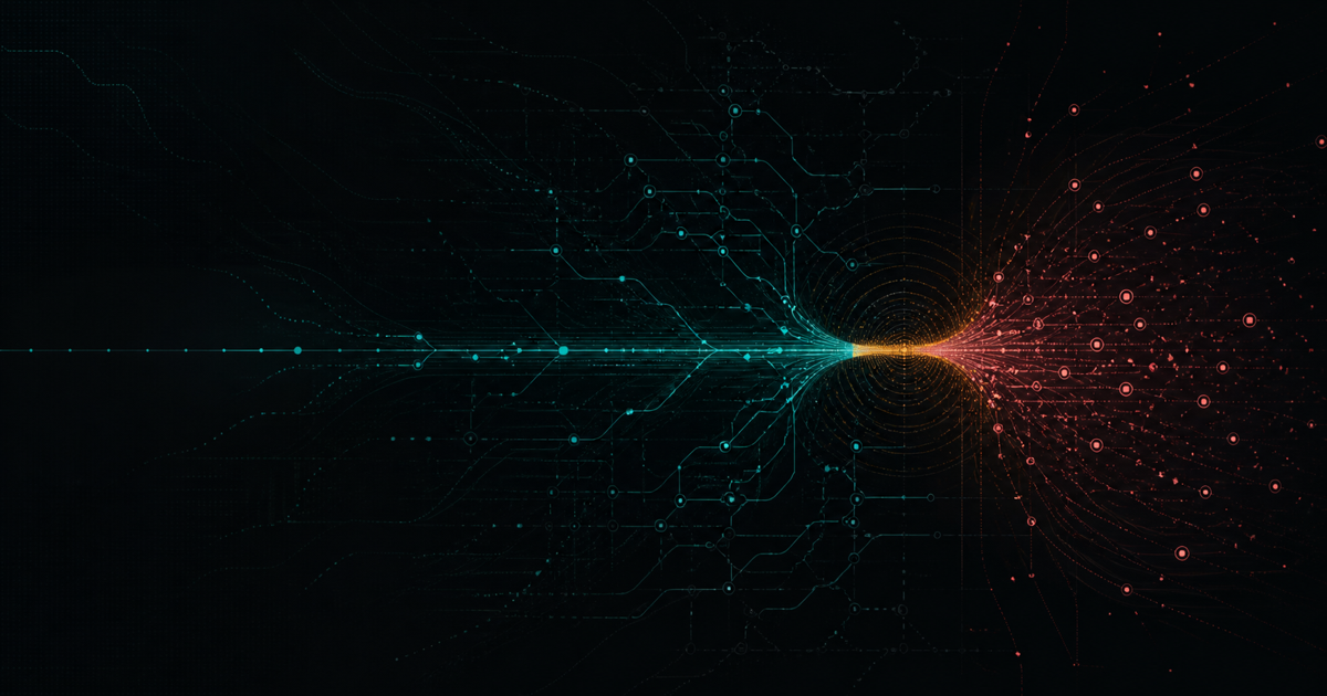 Abstract service topology compressing through an amber bottleneck before breaking into rose error paths
