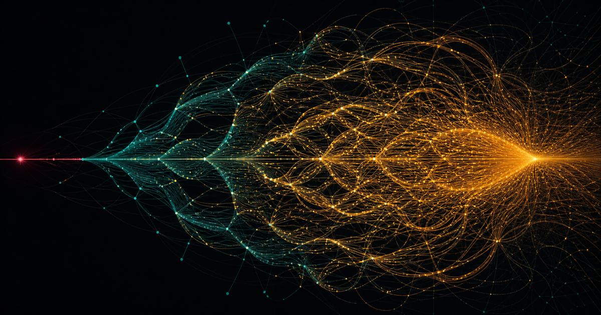 Abstract request paths recursively forking into a dense amber retry storm