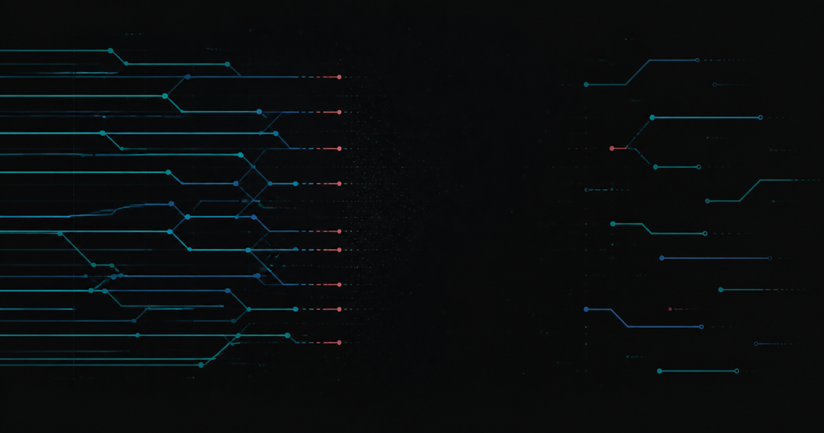 Structured teal traces disappearing into a wide telemetry gap with disconnected fragments beyond it
